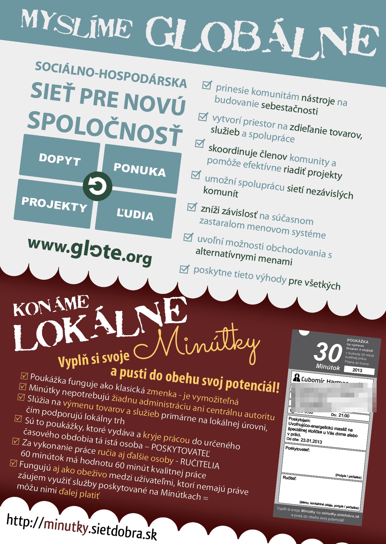 Leták Minútok: koncept sociálno-hospodárskej siete a vzor vyplnenej poukážky na 30 Minútok